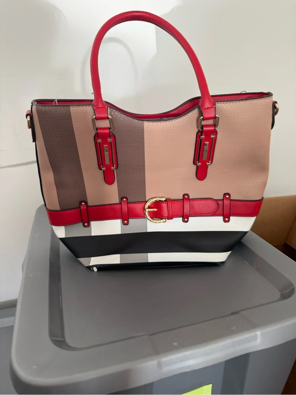 Red-Trim Striped Tote Bag - Women's Handbag